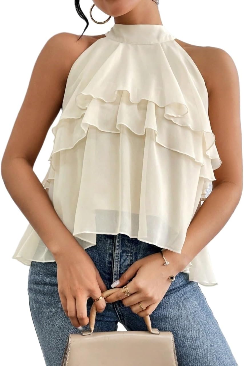 Women's Classic-Fit Shirt Neck Ruffled Chiffon Blouse