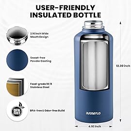 RAYMYLO Insulated Water Bottle 87 oz, Triple Wall Vacuum Stainless Steel (Cold for 48 Hrs), Leak Proof & Non-BPA, Modern Water Flask Jug with Paracord Handle & Straw Spout Lids, Navy Blue