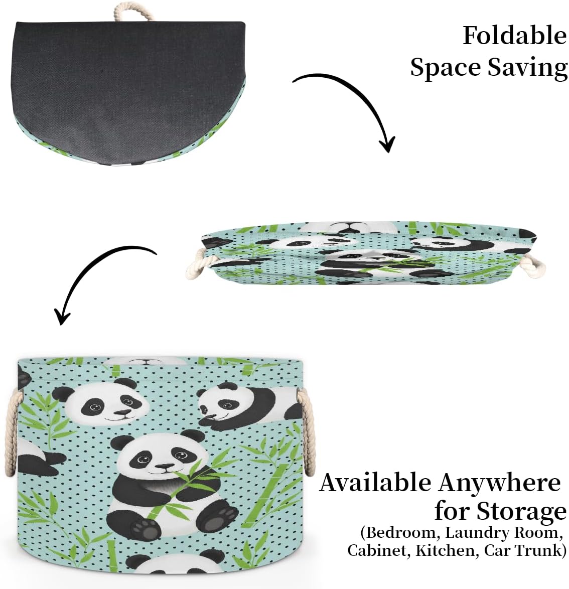 Large Storage Baskets, Pandas Bamboo Nursery Round Collapsible Organizer Bin Box, Laundry Hamper for Kids Toys, Blanket, Bedroom Living Room Home Decor, Gift Basket, 19.4"x13.3"