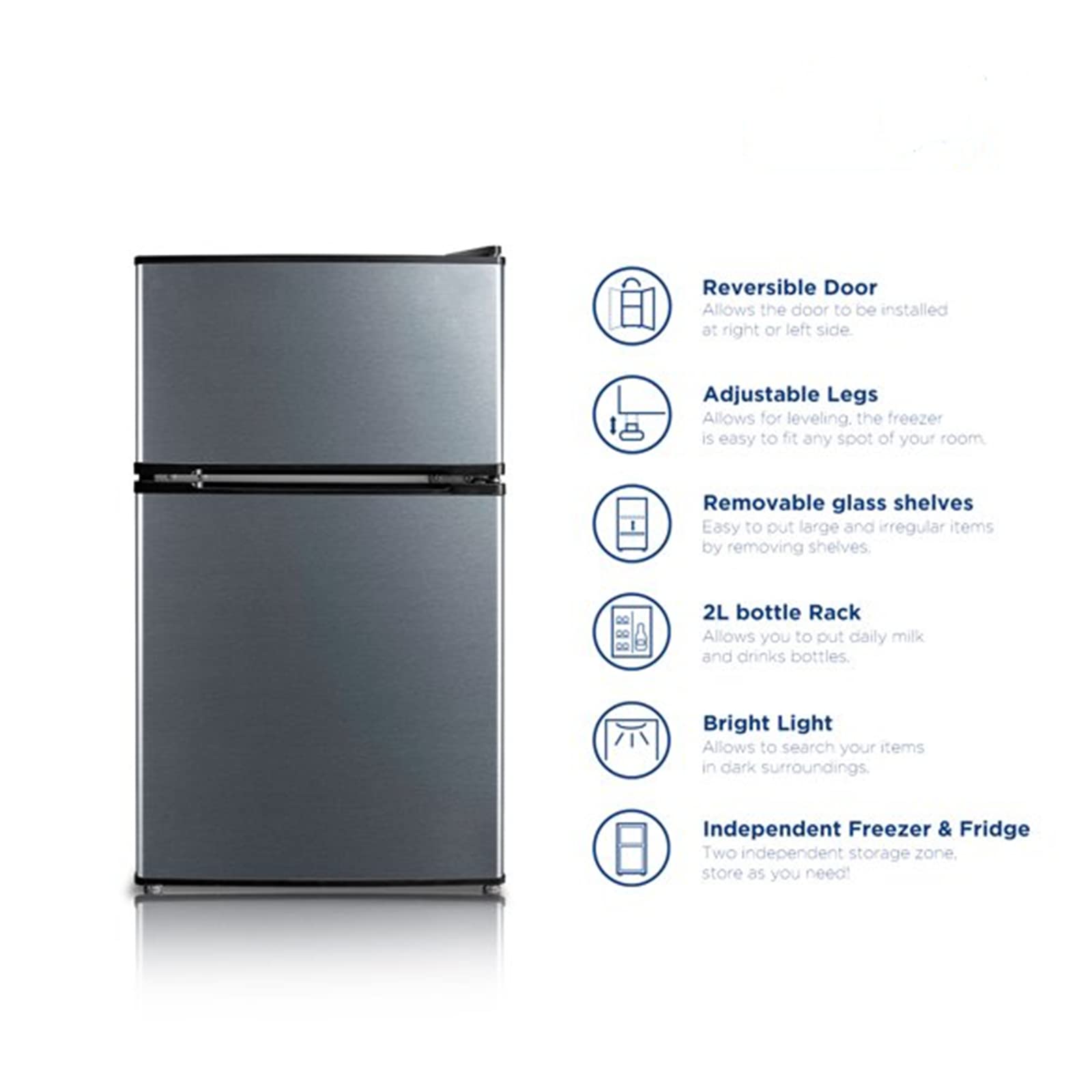 2 Door Mini Fridge, 3.2 Cu Ft Compact Refrigerator With Freezer For Dorm Apartment Drinks Snacks Cooling (Stainless Steel) on Fridge.com - View 6