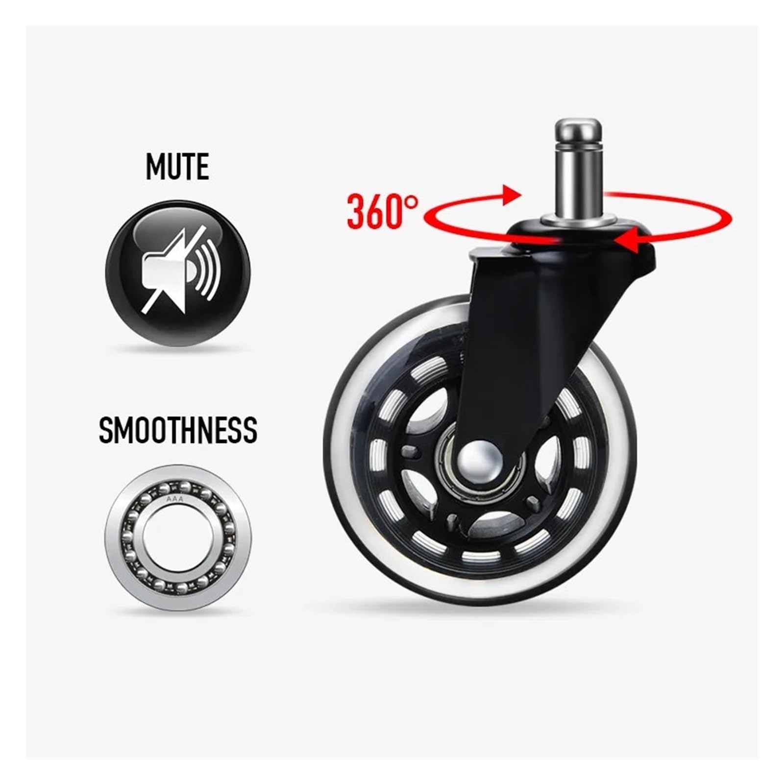 1 szt. Wymiana 3-calowego cichego koła do wózka biurowego, 60 kg obrotowe miękkie gumowe kółka bezpieczeństwa, sprzęt meblowy(10x22mm-1PC,2,5 cala)