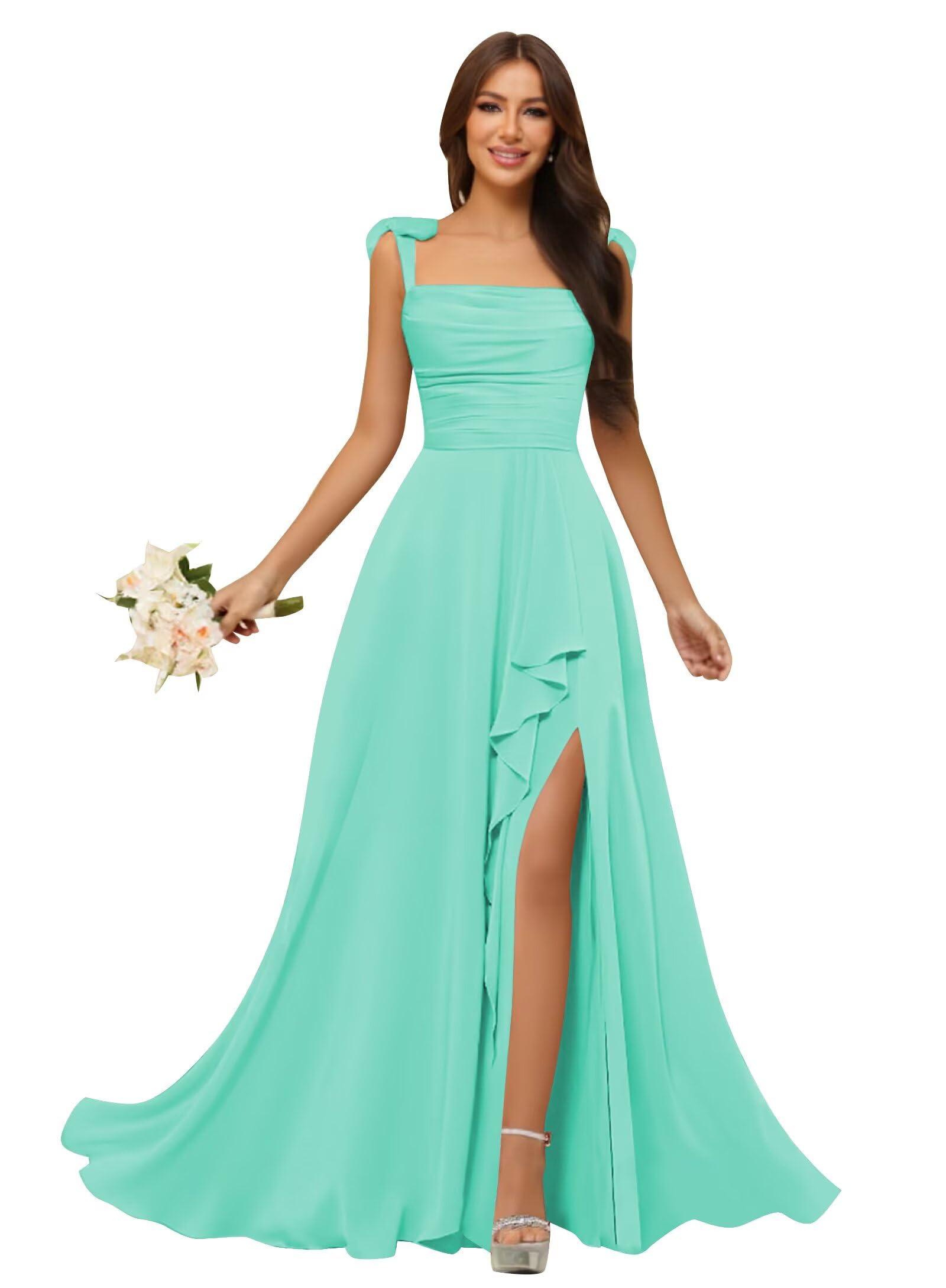 Spaghetti Straps Chiffon Bridesmaid Dresses for Women Long Pleated Formal Evening Prom Party Gown