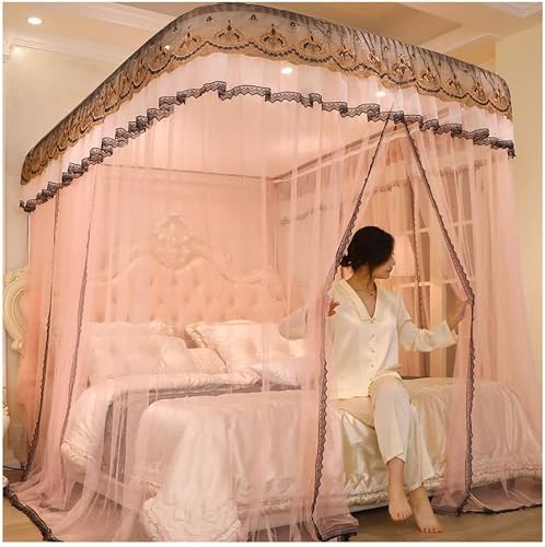 GJMSSMY Romantic Lace Bed Canopy Mosquito Net, Single Bed Double Bed King Size Bed Curtain With Metal Support (Colour: Pink, Size: 200X220CM) (Color : Pink, Size : 180X220CM)