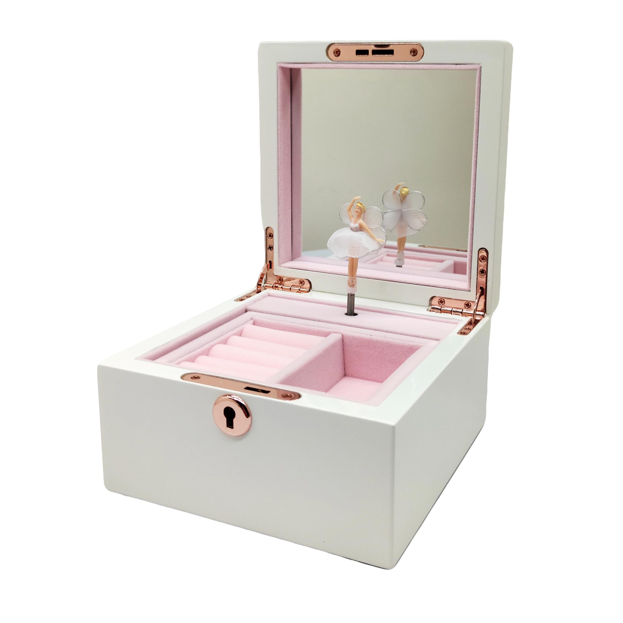 Boîte à bijoux musicale en bois blanc pour filles et femmes, boîte de rangement à bijoux, coffre à musique, cadeaux pour Noël, anniversaire, Saint-Valentin et toutes les fêtes - Finition