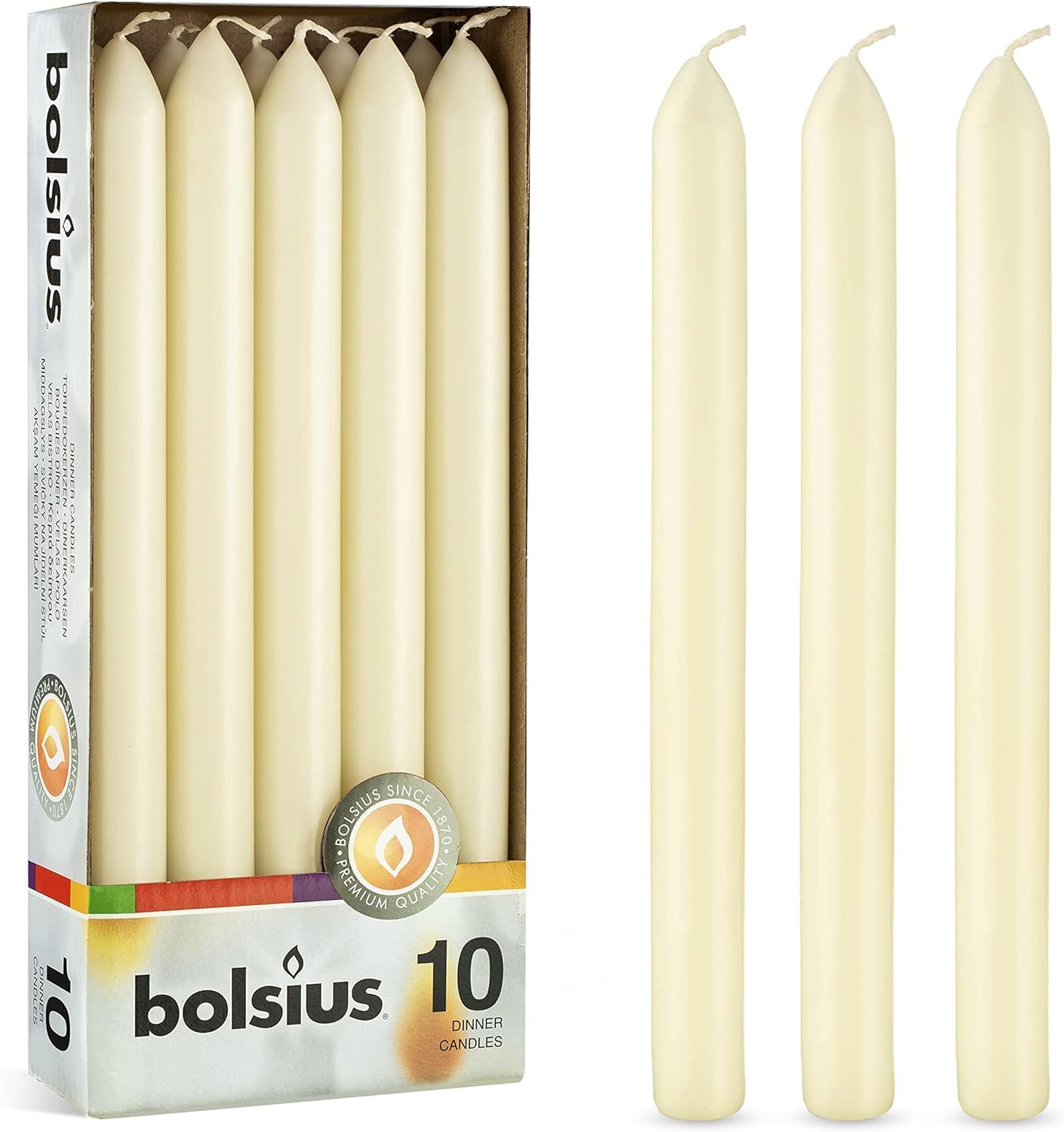 BOLSIUS Ivory Dinner Candles - 10 Pack Unscented 9 Inch Straight Taper Candle Set - 8 Hour Burn Time - Premium European Quality - Smokeless And Dripless Household, Spa, Wedding, And Party Candlestick