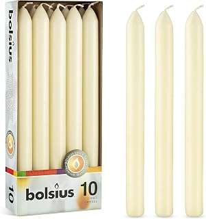 BOLSIUS Ivory Dinner Candles - 10 Pack Unscented 9 Inch Straight Taper Candle Set - 8 Hour Burn Time - Premium European Quality - Smokeless And Dripless Household, Spa, Wedding, And Party Candlestick