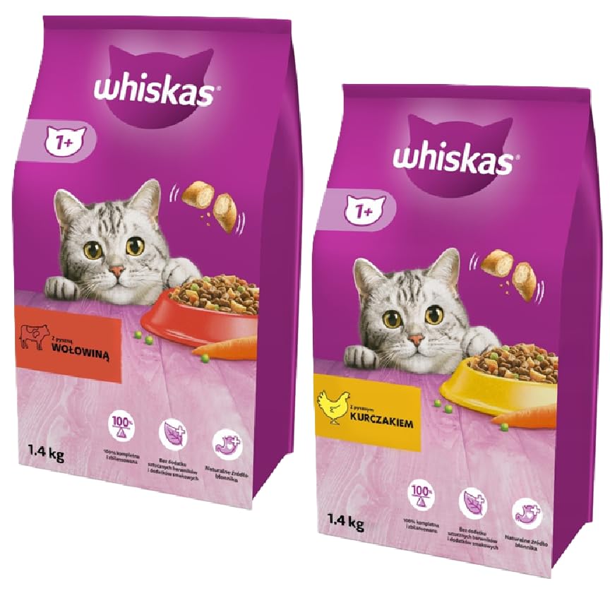 Whiskas sucha karma dla kota mix smaków z wołowiną i z kurczakiem 2x 1,4 kg
