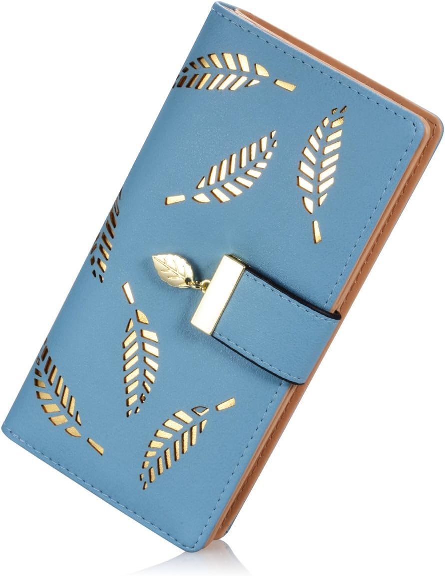 Women Wallet with Hollow Leaf Design, Bifold Ladies Long Wallet with Zipper Pocket for Phone-picture-27