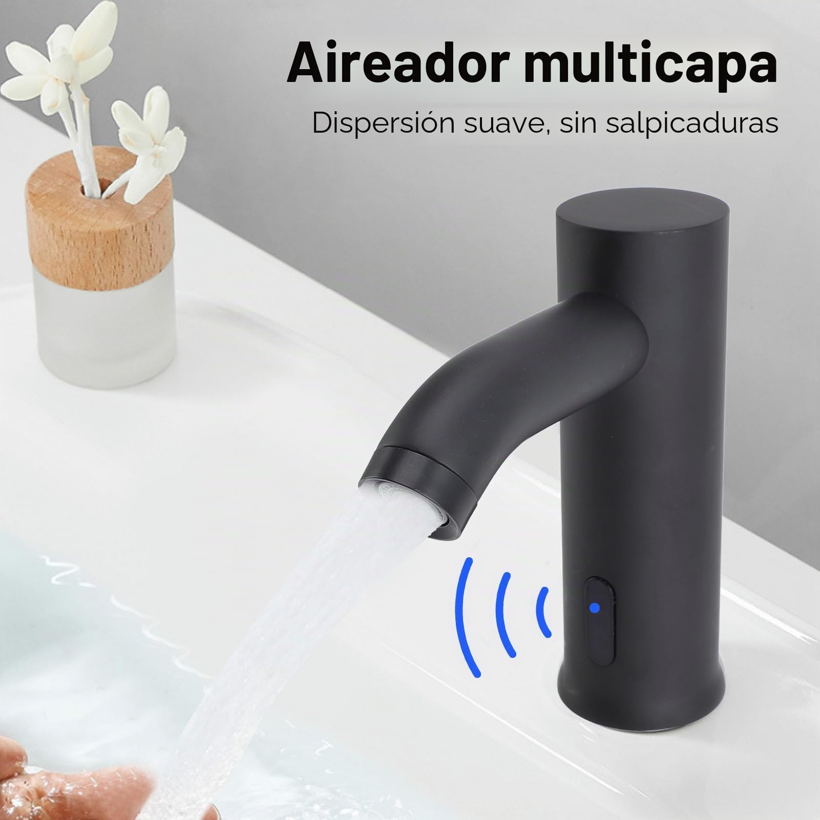 Grifos de Fregadero sin Contacto, Grifo Automático con Sensor de Movimiento, Grifo de Fregadero Vertical sin Contacto con Batería con Sensor de Infrarrojos para Baño Cocina Negro