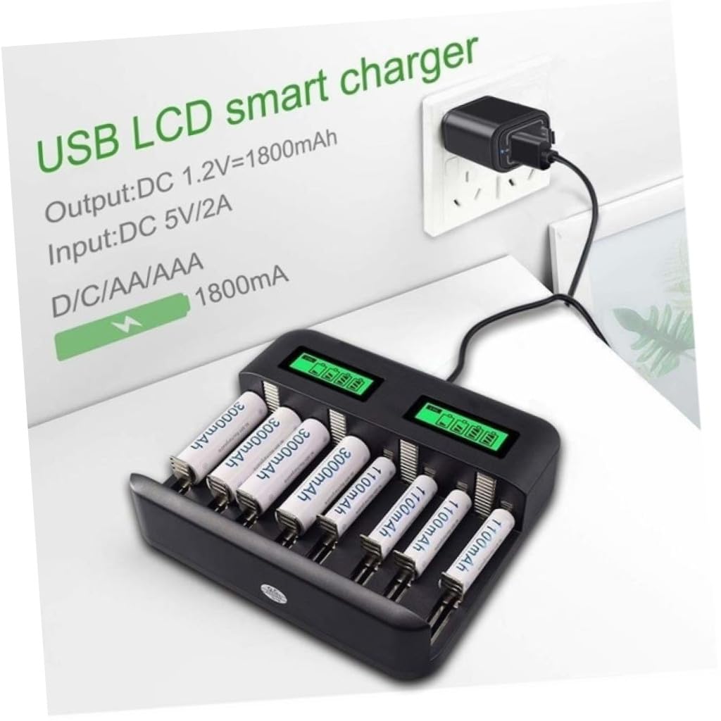 LABRIMP Cargador Inteligente de Pilas Recargables con Pantalla LCD Ranuras Independientes para Baterías AA AAA y C Protección Múltiple y Conexión USB Portátil