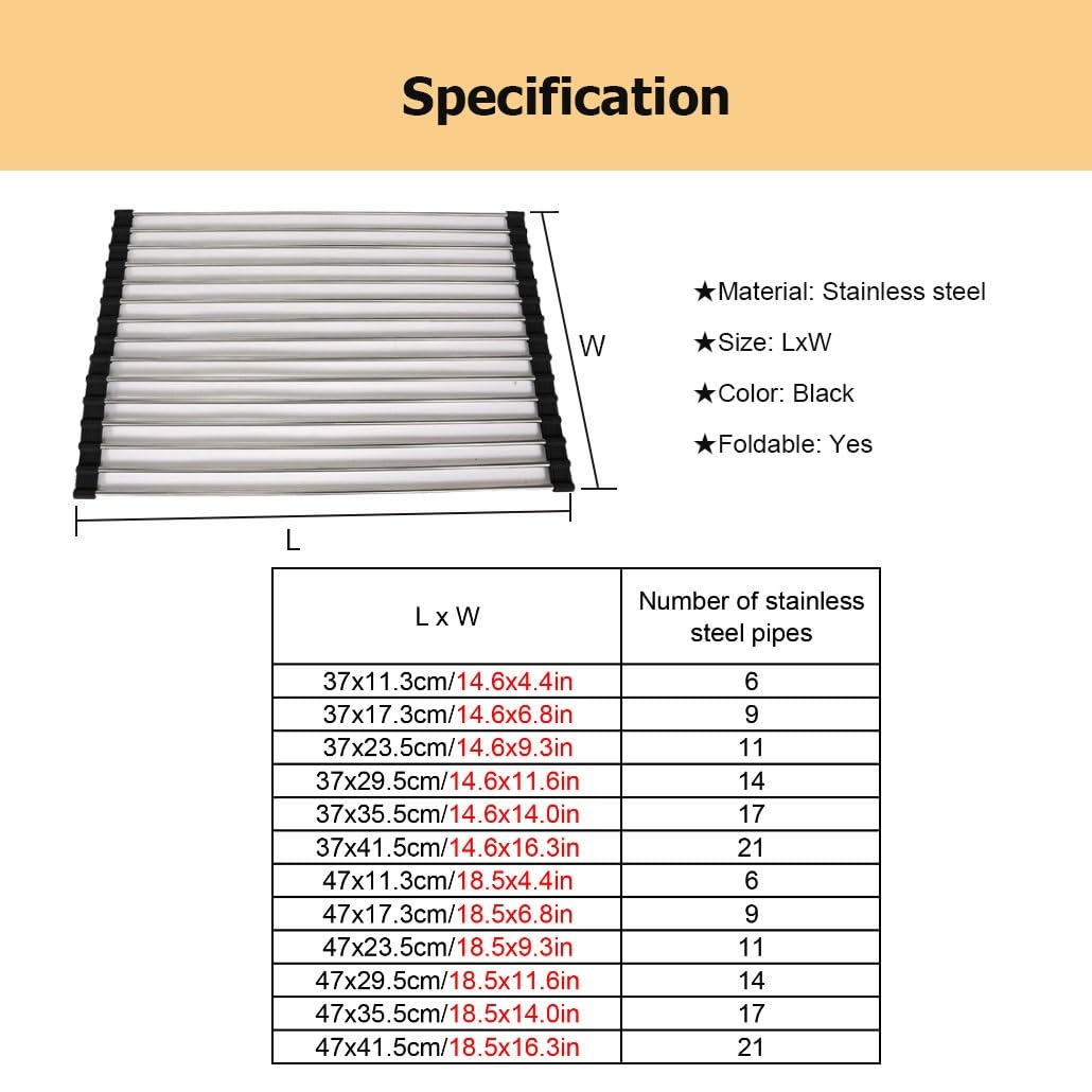 Escurridor de platos enrollable, plegable y multiusos de 37/47 cm de largo para colocar sobre el fregadero, con alfombrillas de drenaje enrollables de acero inoxidable recubiertas de silicona.