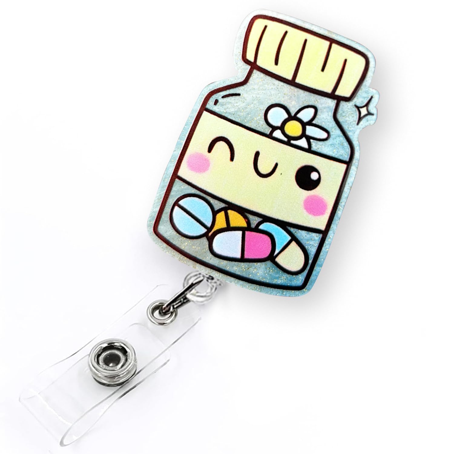 Cute Pharmacy Tech Badge Reel Retractable, Pharmacy Technician Gifts, Pharmacy Badge Clip, Funny Pills Bottle Pharmacist ID Name Badge Holder with Alligator Clip & 24” Durable Nylon Cord | Acrylic — image 1