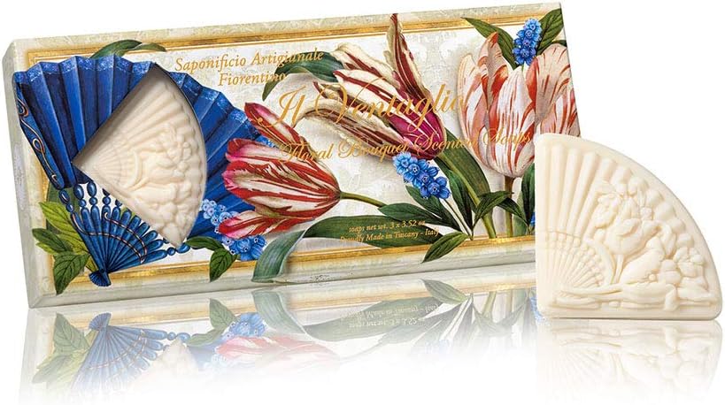 Ventaglio, designer natural soap with an inspiring scent of flowers, fan-shaped soaps sculpted with bouquet of flowers, gift box with three soap bars, 3 x 3.52 oz.