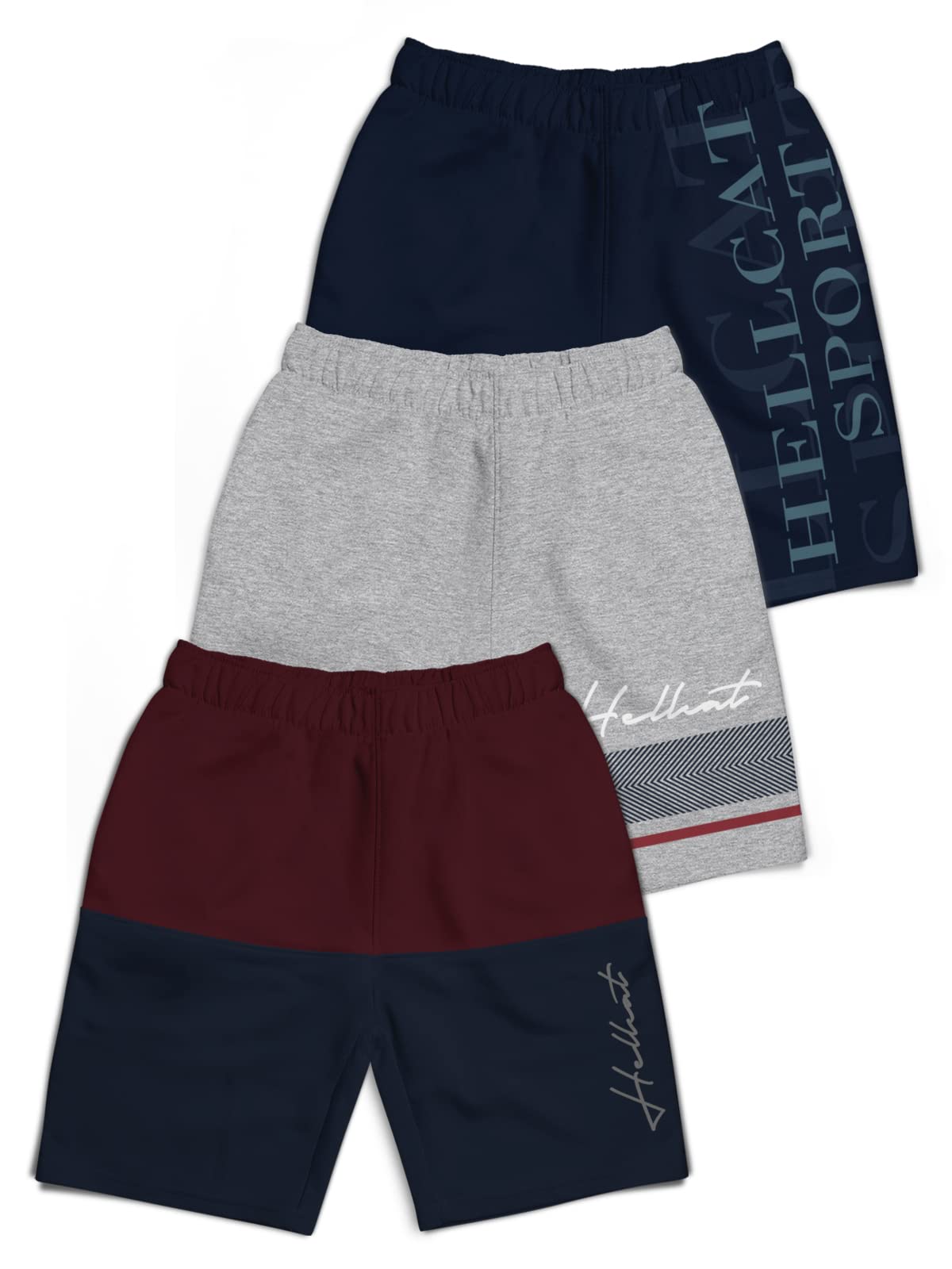 HELLCAT Pack of 3 Trendy Typographic Printed Mid Rise Shorts for Boys - Burgundy/Grey Melange/Navy Blue_11-12 Years