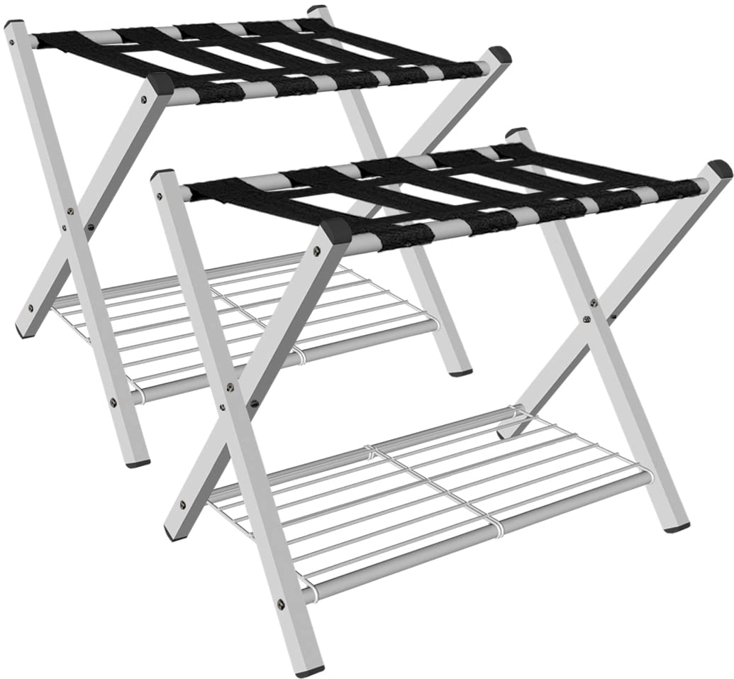 mocomax 2 Pack Folding Luggage Rack for Guest Room, Foldable Suitcase Stand Holder with Metal Storage Shelf for Bedroom, Living Room, Hotel Essentials, Heavy Duty Steel Frame, White