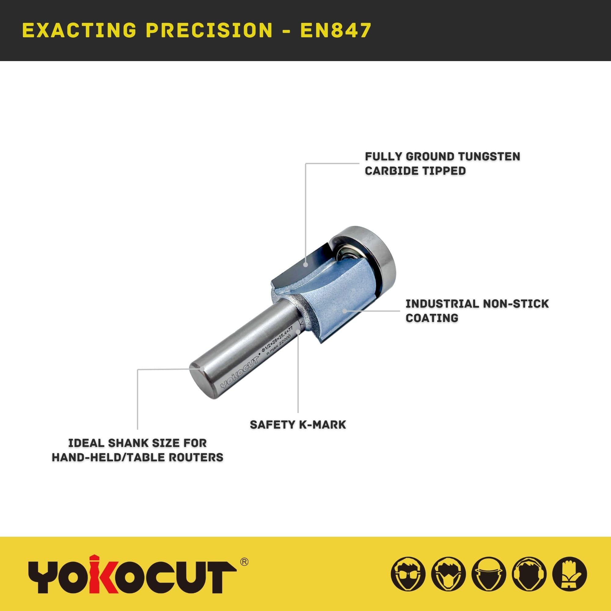YOKOCUT Self-Guided Trimmer Router Cutter Bit, 1/2 Inch Shank, 25.4mm Cut Diameter & 25.4mm Cut Length - Image 3