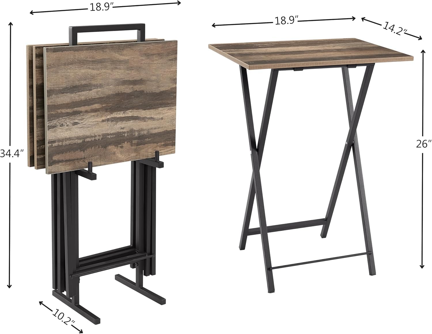 Rpuzonier Folding TV Tray Table Set of 4, Wooden TV Tray Portable Sofa Side Table, Space-Saving Industrial Snack Table End Table Dinner Table for Living Room, Bedroom, Office (Rustic Brown)