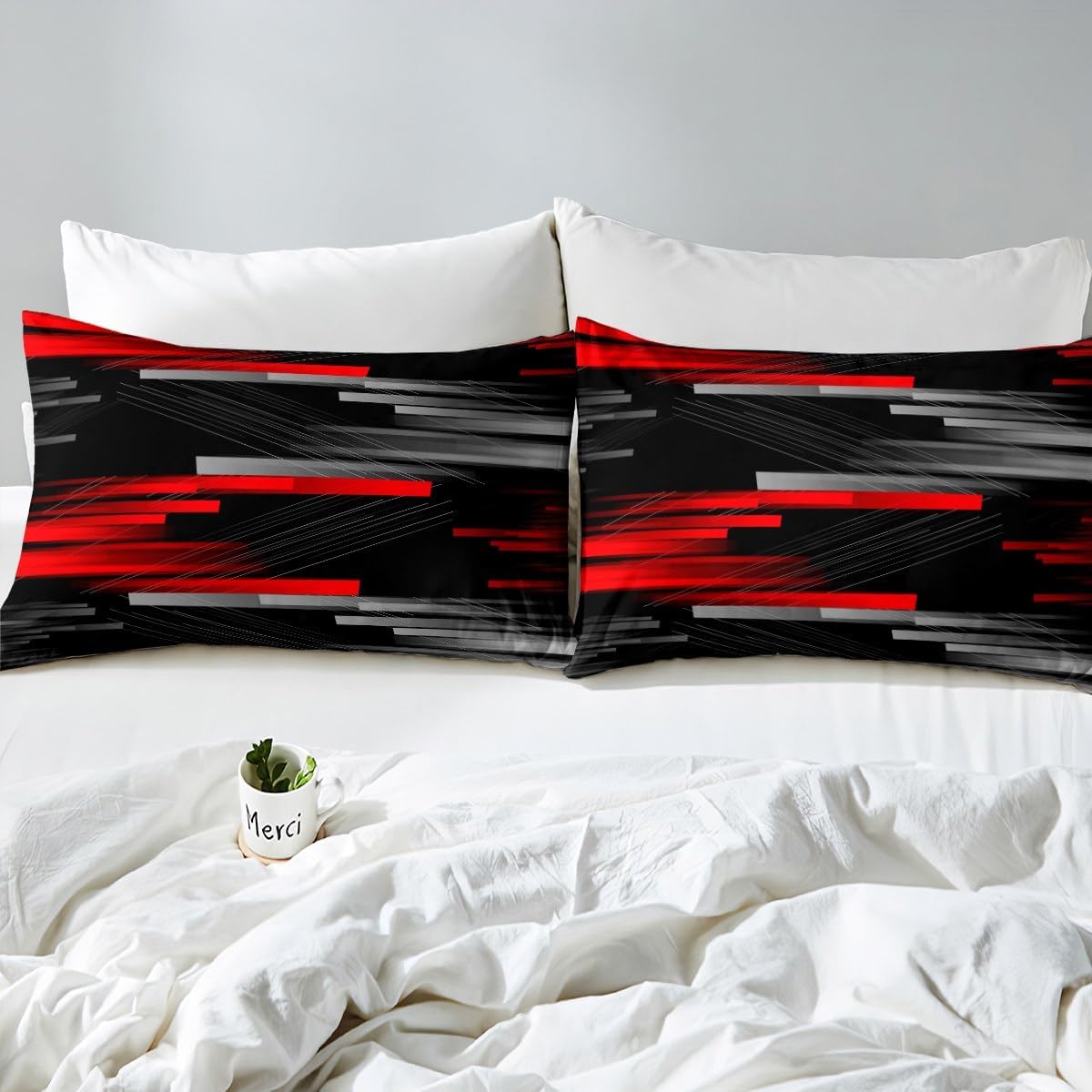 Feelyou Kids Geometric Abstract Striped Bedding Set Queen Size Gray Red Black Ombre Duvet Cover for Boys Girls Teens Modern Stripes Line Decor Comforter Cover Set Women Men Bedspread Cover