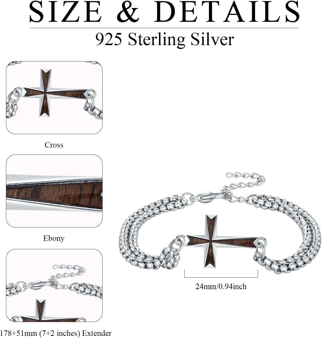 Men Bracelet 925 Sterling Silver Adjustable Memento Mori/Ebony Cross/St. Florian/Santa Muerte/Dragon Link Charm Bracelets Bracelet Gifts for Father Husband Son Birthday Father's Day 7+2 inch