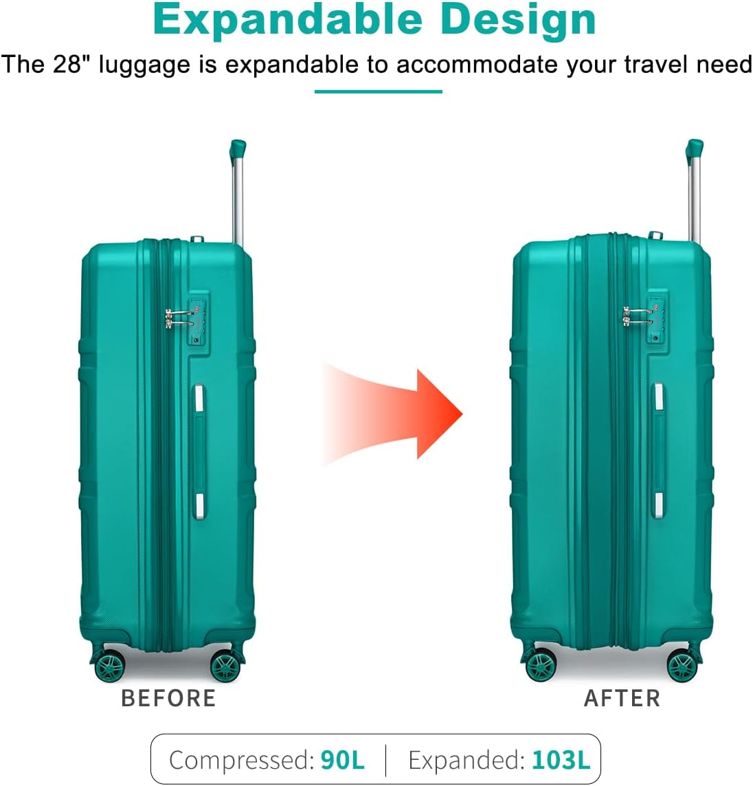 Kono 28 Inch Luggage Expandable Suitcase with Spinner Wheels TSA Lock Lightweight PC+ABS Hardside Large Checked Luggage Durable Rolling Suitcase Turquoise - Image 3