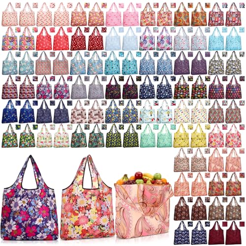 Tanlade 100 Pcs Reusable Shopping Foldable Grocery Bags Bulk Large Tote Bags with Handle for Kitchen Supermarket Washable 50 Patterns