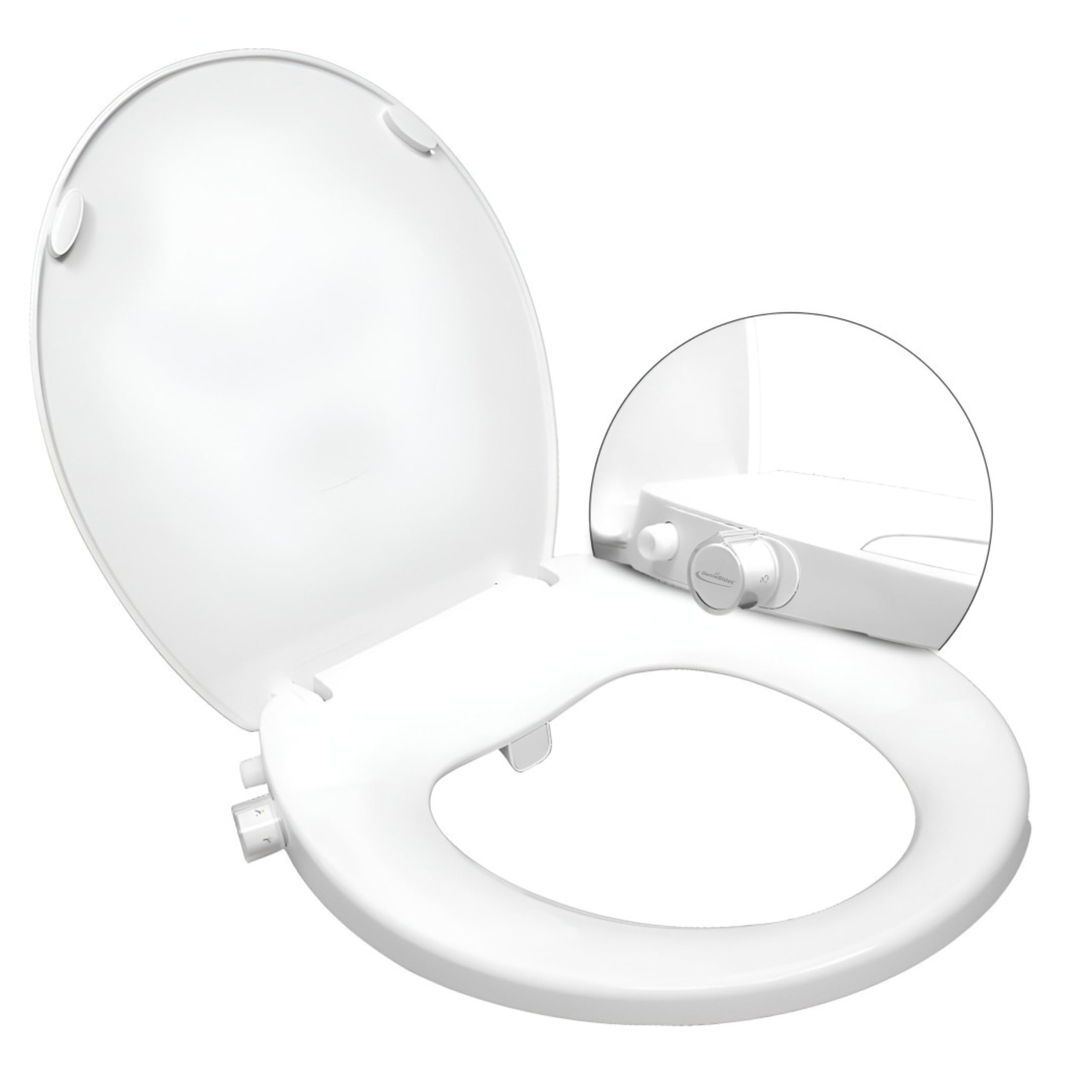GenieBidet Right Side Bidet Toilet Seat Round - Round Bidet Toilet Seat with Adjustable Self-Cleaning Nozzles, Attachment, T Adapter &amp; Bottle - Non Electric Bidet Seat