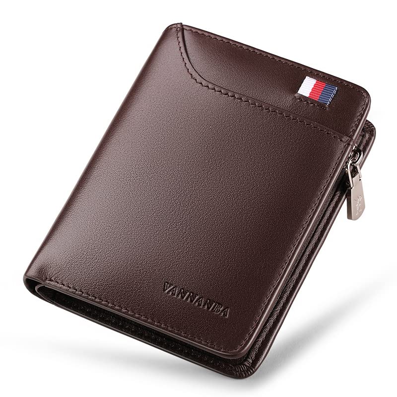 VANNANBA Small Wallet with Zipper Genuine Leather RFID Blocking Credit Card Wallet with Coin Pocket Bifold Wallets, Gift for Men(Brown)4