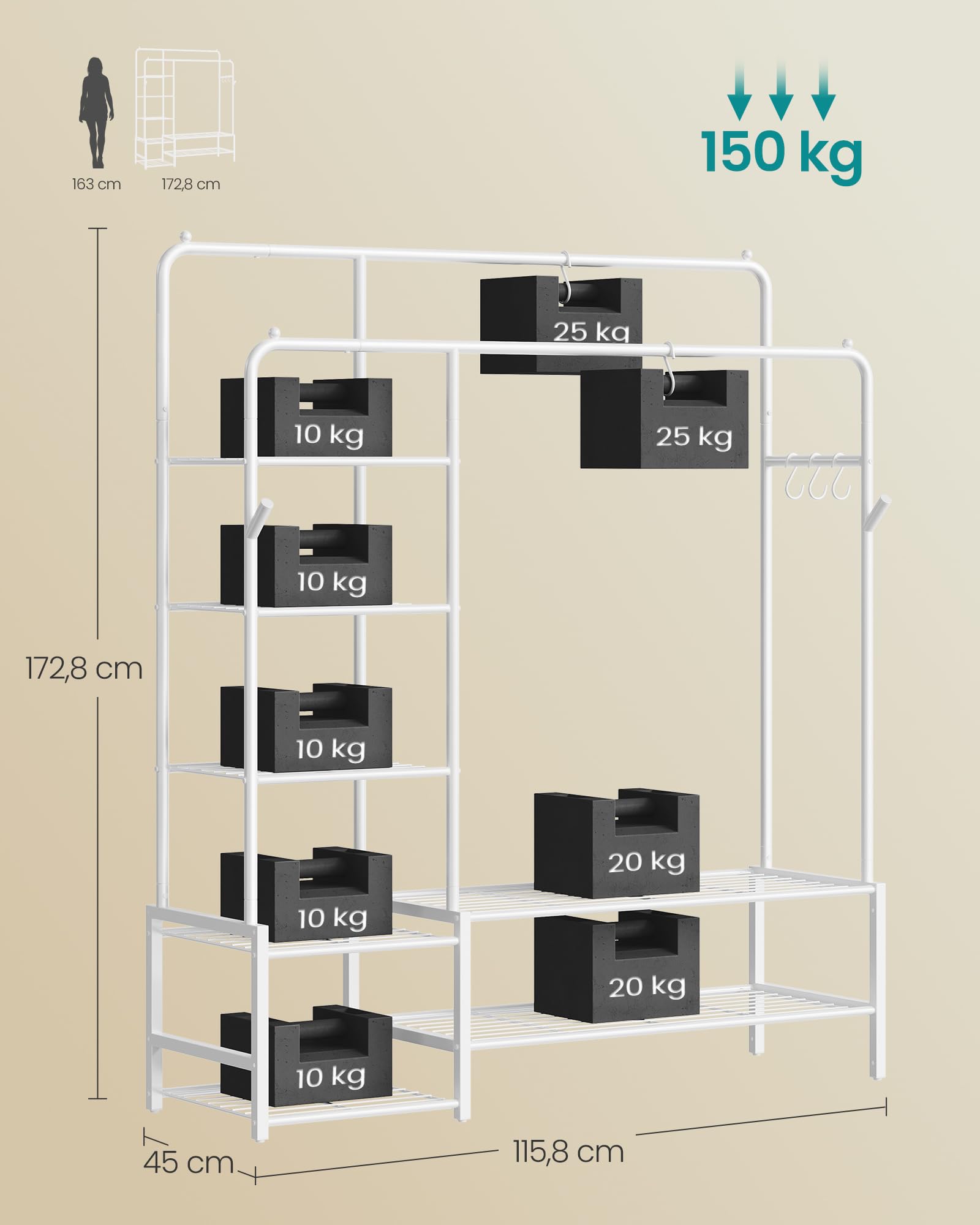 SONGMICS HSR182WG01 wieszak na ubrania, otwarta szafa, metalowy wieszak na ubrania z 7 półkami, do sypialni, salonu, przedpokoju, biały