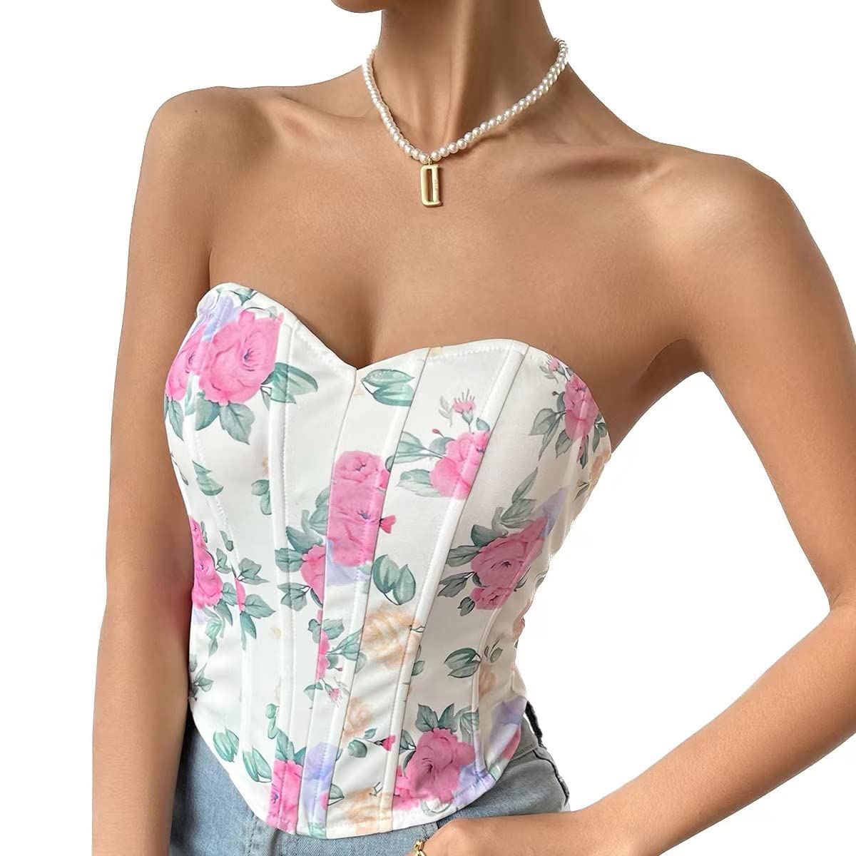 Swbreety Women's Strapless Flloral Print Bustier Corset Top Asymmetrical Hem Crop Tops Boned Tube Top