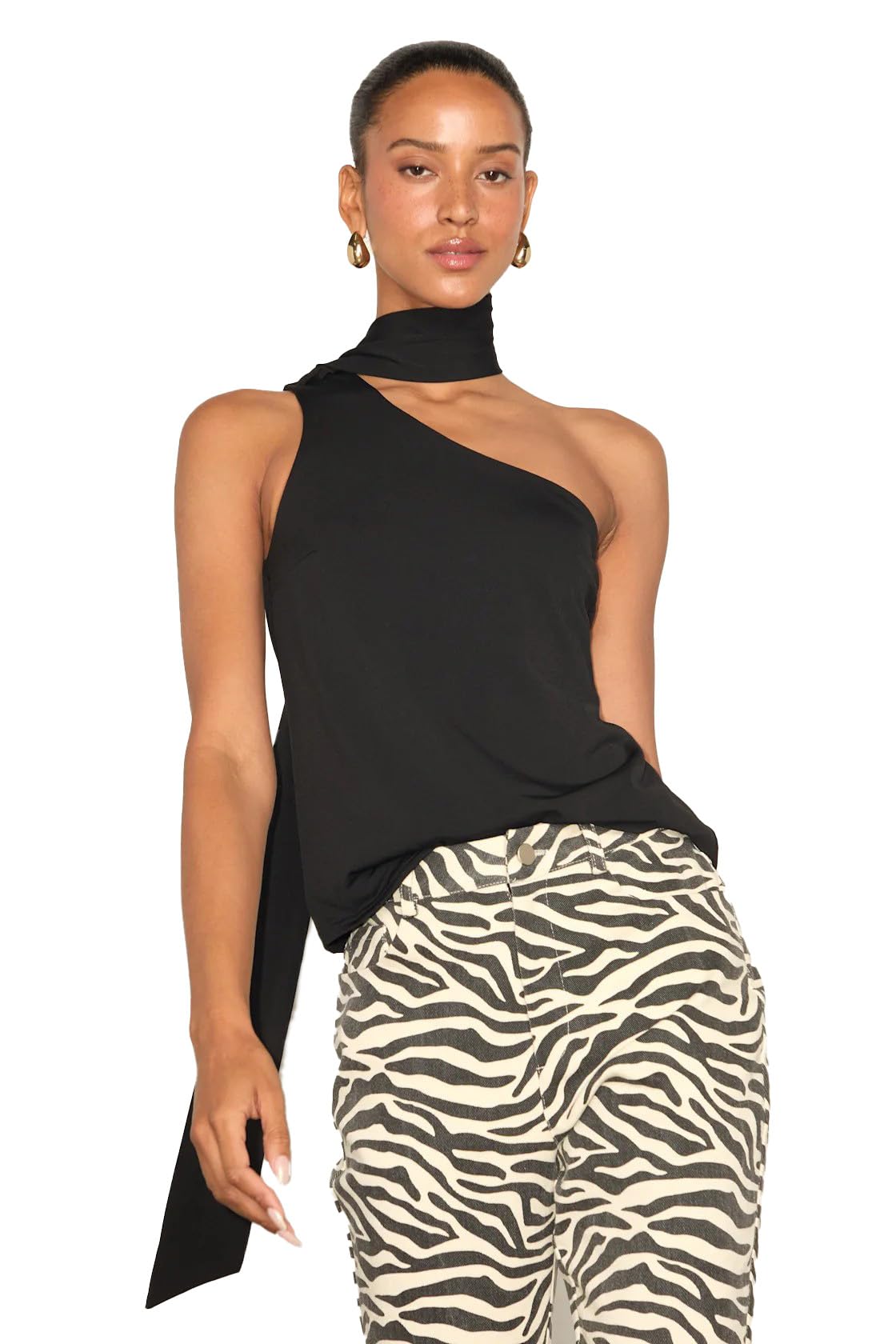 Buy Women's Black One Shoulder Top with Sash Scarf | Stylish