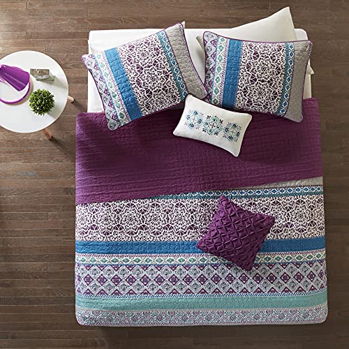 Intelligent Design Joni Reversible Cozy Quilt Set Casual Boho Design All Season Coverlet Bedspread, Matching Shams, Decorative Pillow, Twin/Twin X-Large, Purple 4 Piece #TOP2