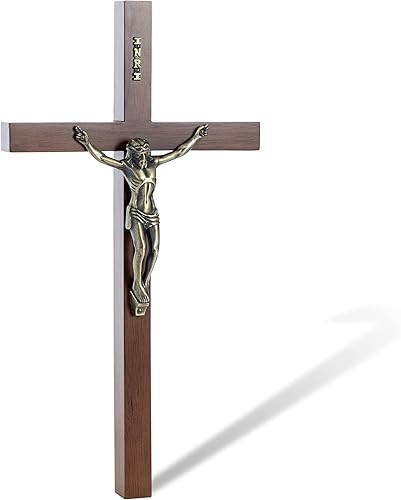 DCCXN Crucifijo - Cruz de pared de madera maciza, cruces católicas de Jesucristo para decoración del hogar, roble de 12 pulgadas + latón antiguo