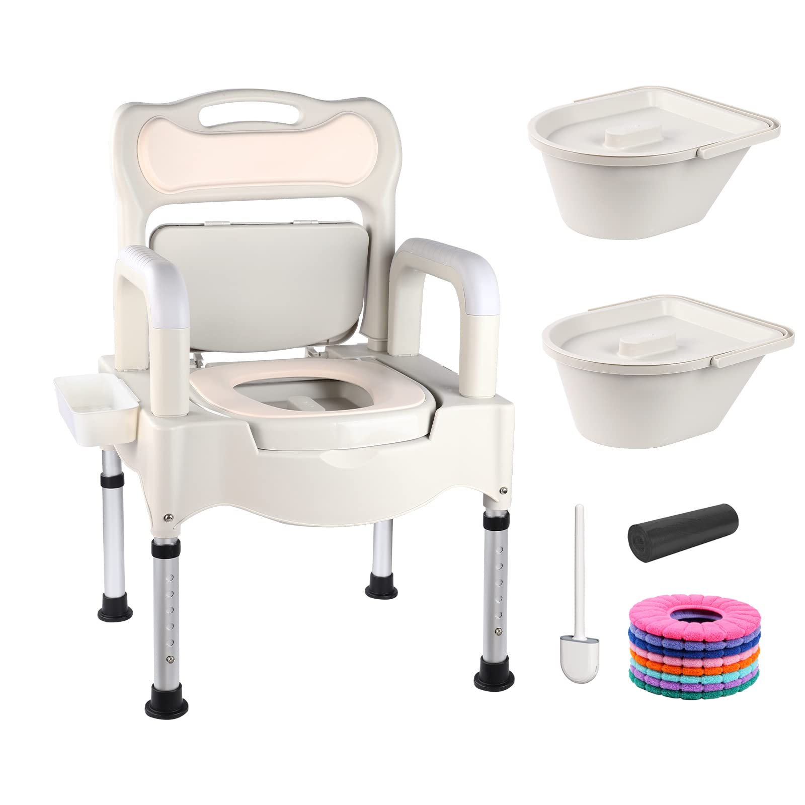 Portable Bedside Commode Toilet Chair for Elderly,Adult Potty Chair for Seniors,Height Adjustable Handicap Shower Chairs Supports 660 Lb Commodes for in Home Care with Armrests and Tissue Box (White)