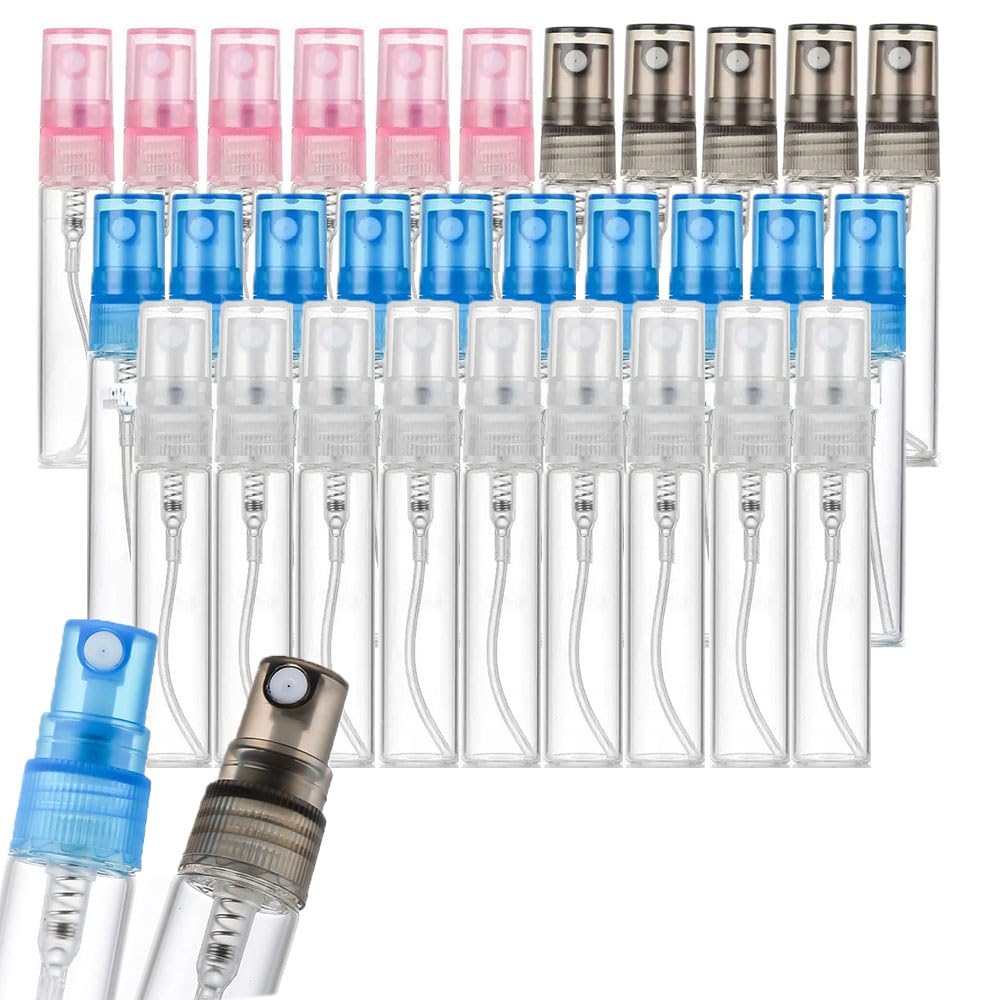 100 unidades de frascos pequeños vacíos transparentes de vidrio para perfume, atomizadores rellenables, con capacidad de 2 a 10 ml, portátiles, ideales para viajes y muestras (100,5ml,Tapón rosa)