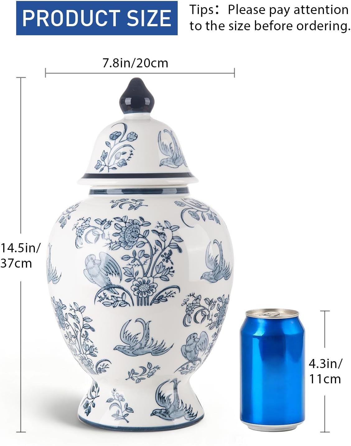 Large Decorative Jars with Lid, Blue and White Ceramic Ginger Jar for Home Decor, Chinoiserie Vase Decor, Birds
