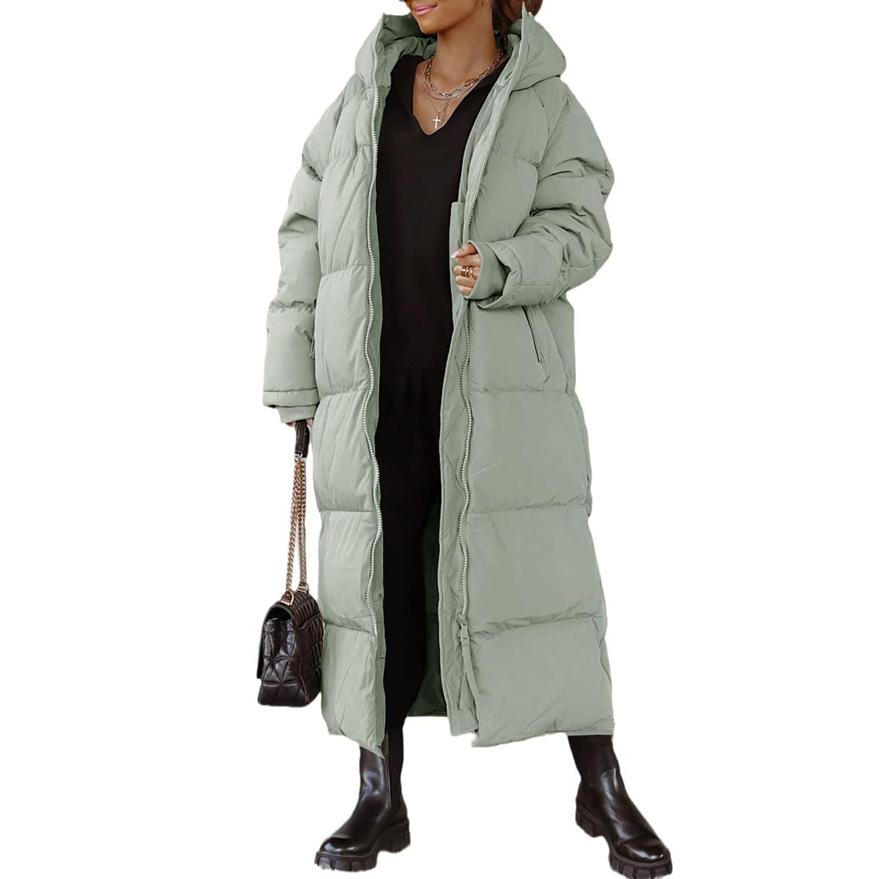 EsukAr Women Long Quilted Coat Hooded Maxi Length Long Sleeve Puffer Jacket Padded Coat Winter Outerwear,green,XXL