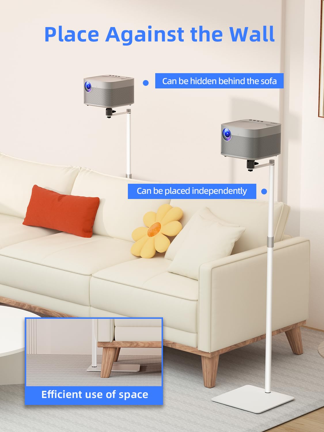 suptek Supporto da pavimento per proiettore video discreto dietro il divano, altezza regolabile da 8cm-12cm con rotazione di 360 gradi,Supporta Fino a 5 kg,Compatibile con proiettori,fotocamere,Bianco