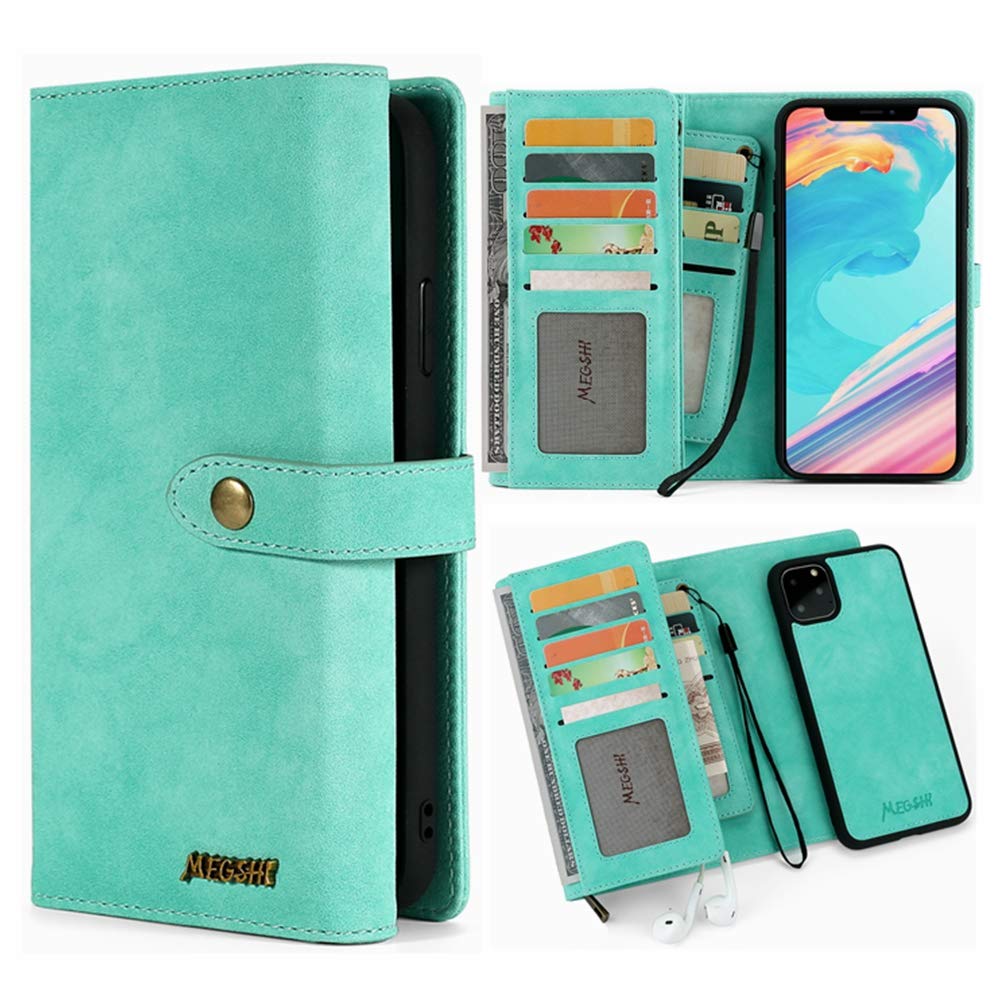 iPhone 11 Pro Max Wallet Case,Hynice PU Leather Magnetic Detachable Case Women Men With 9 Card Slots Zipper Pocket Removable Slim Back Cover For iPhone11 Pro Max 6.5 inch(016-Green, iPhone 11 Pro Max)