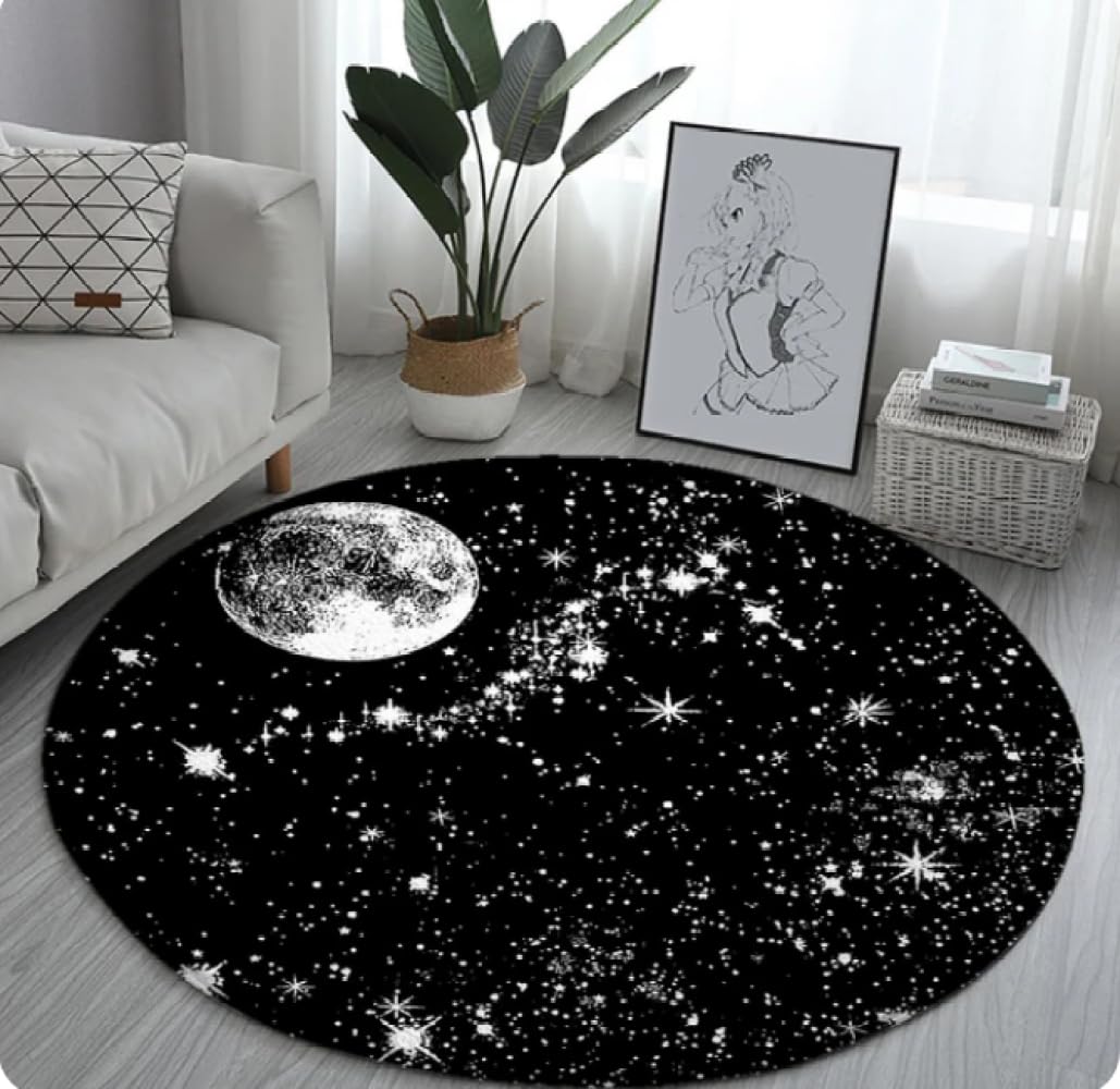 REIPOL Tapis Rond Noir Ciel étoilé, Moderne, pour Salon, Chambre à Coucher, Bureau, Tapis de Sol, décoration de Sol étoile et Lune 100cm