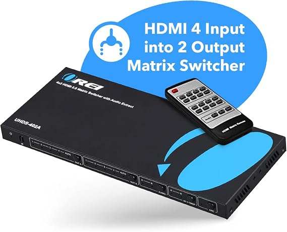 OREI 4K HDMI Matrix Switch 4 X 2 Switcher 18G UltraHD Arc Support Max 4K @ 60Hz & 1080P IR Audio Extractor Arc EDID HDCP 2 Remote Control - Full Matrix Select