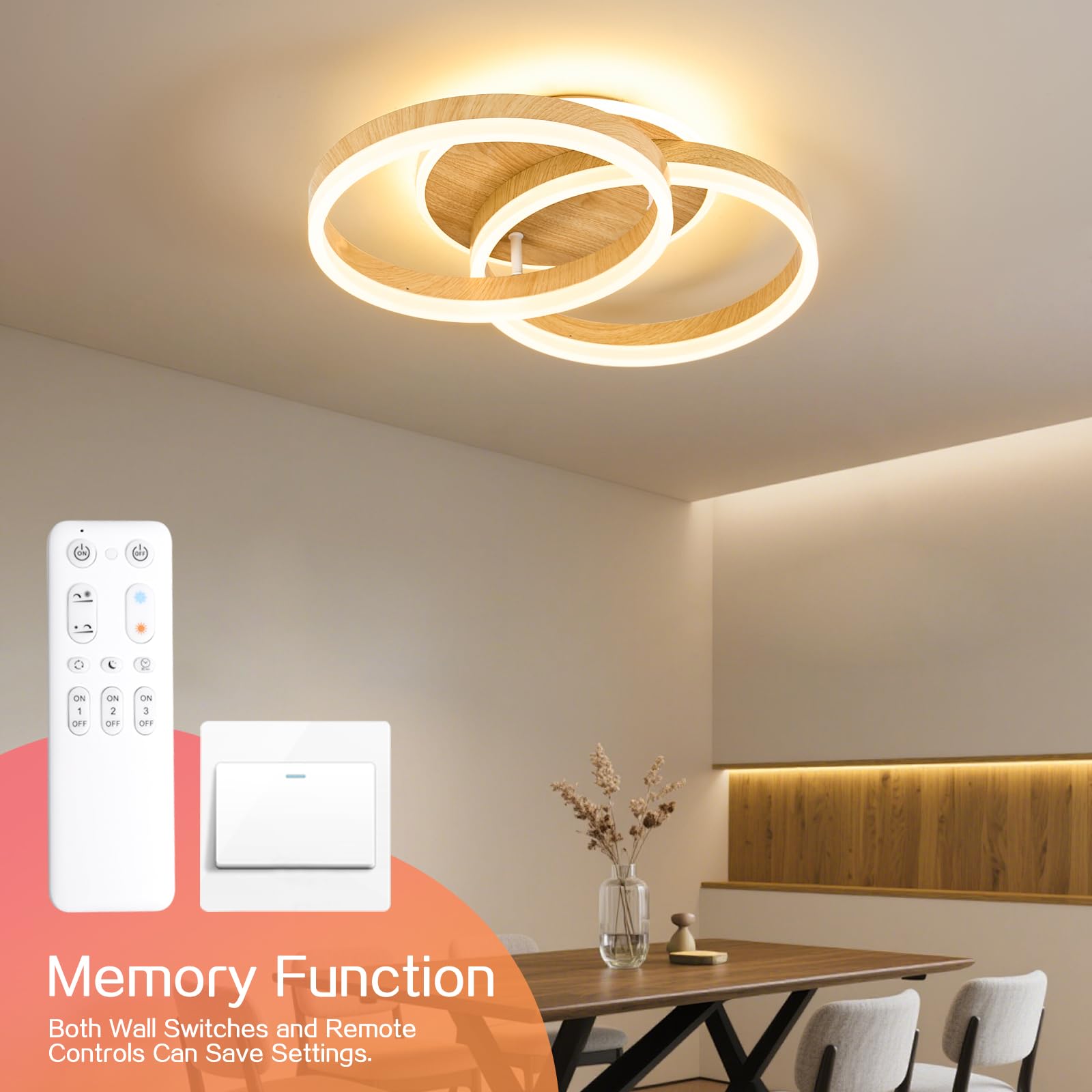Plafón LED Salón 2 Anillos φ50 cm, 36 W Lámpara de Techo Moderna Regulable con Mando a Distancia, de Metal+Acrílico, para Sala de Estar, Dormitorio, Comedor -Imitación Madera