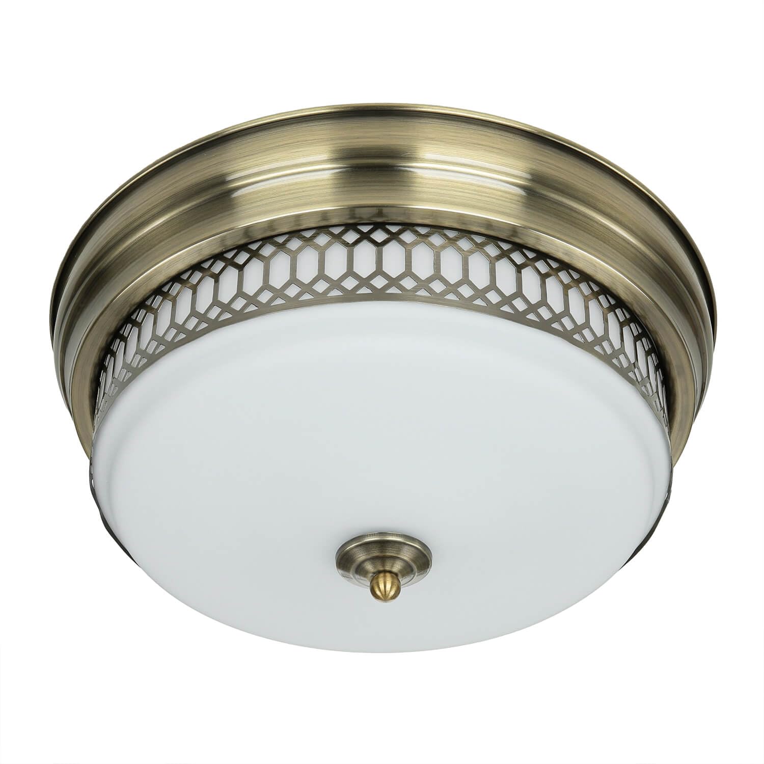 Licht-Erlebnisse Deckenleuchte Badezimmer Ø 35 cm H: 16 cm IP44 in Messing Antik Weiß 2x E27 Glas Metall Jugendstil Deckenlampe Badezimmerleuchte