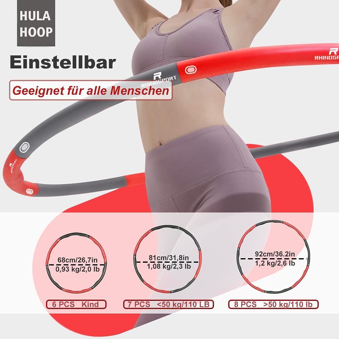 RHINOSPORT Hula Hoop Reifen zum abnehmen Fitness für Erwachsene & Kinder, 8 Teile abnehmbar, Gewicht und Größe können angepasst Werden (1,2 kg) mit Mini Bandmaß