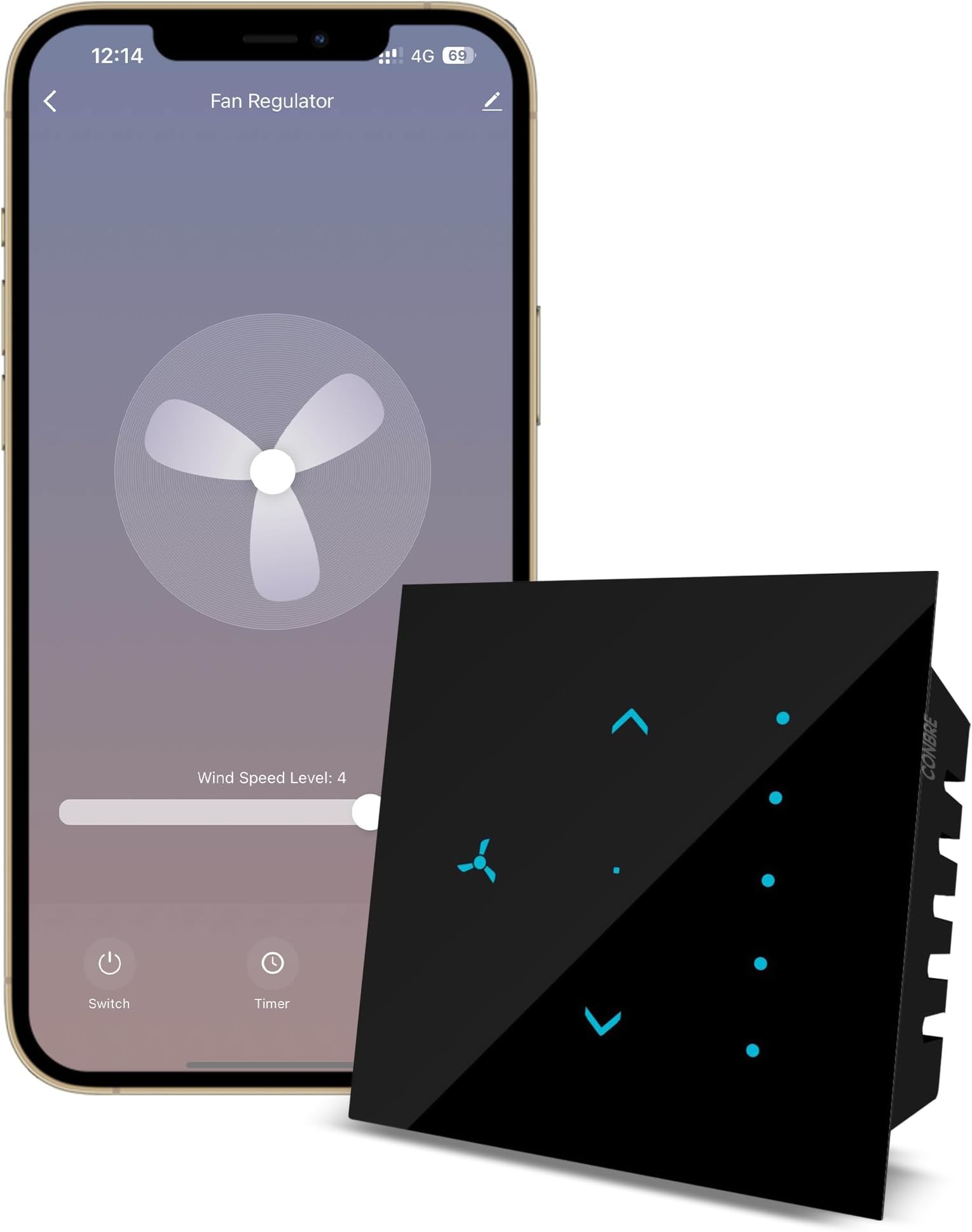 Conbre SF1 Wi-Fi based Smart Fan Touch Switch for automation, remote and 5 speed control | Compatible with Alexa, Google Assistant & Siri (Black)