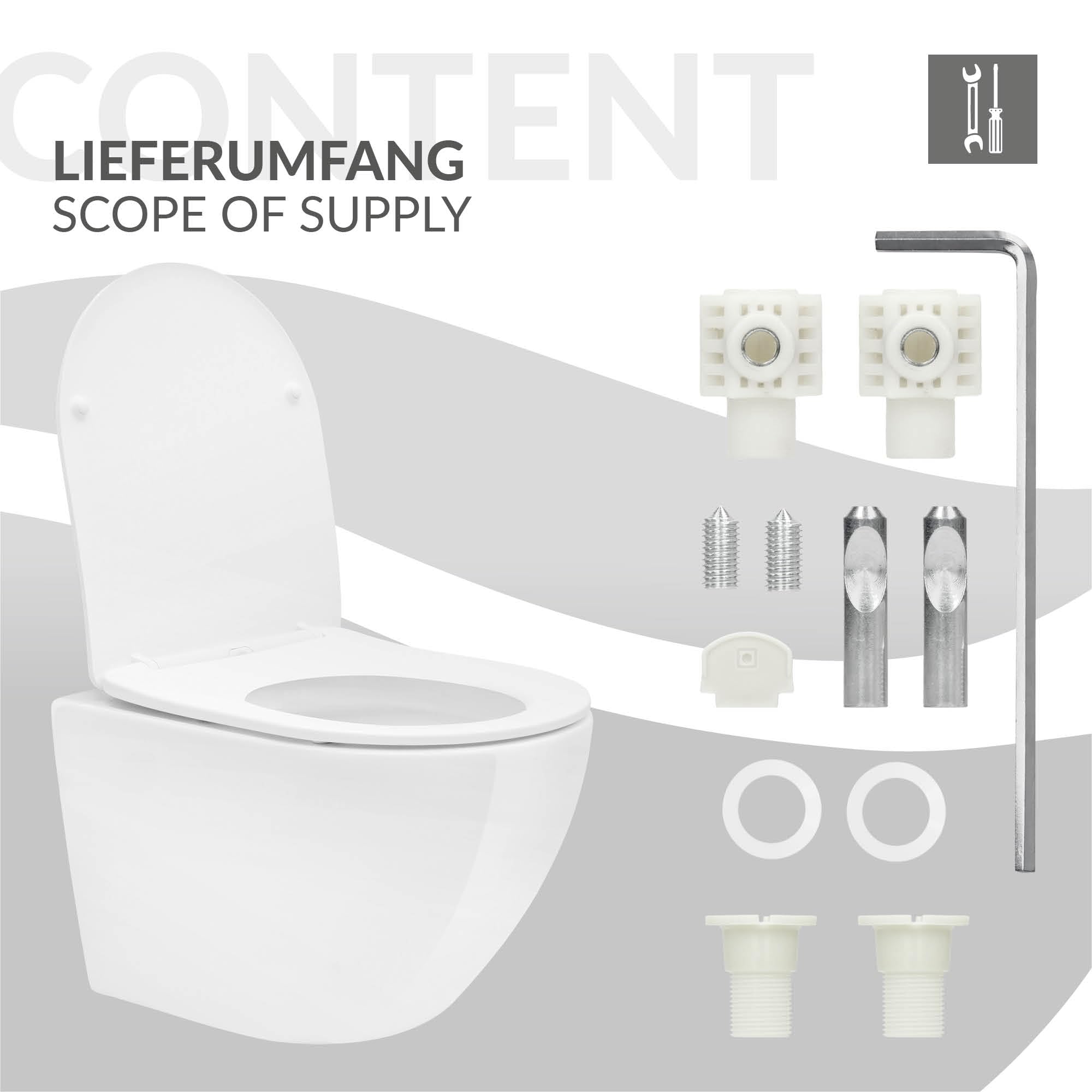ECD Germany Inodoro Suspendido sin Borde, WC Corto 49 cm Blanco Brillante de Cerámica con Nano Revestimiento, Taza de Water de Pared con Asiento Extraíble, Cierre Automático Suave, Descarga Profundo