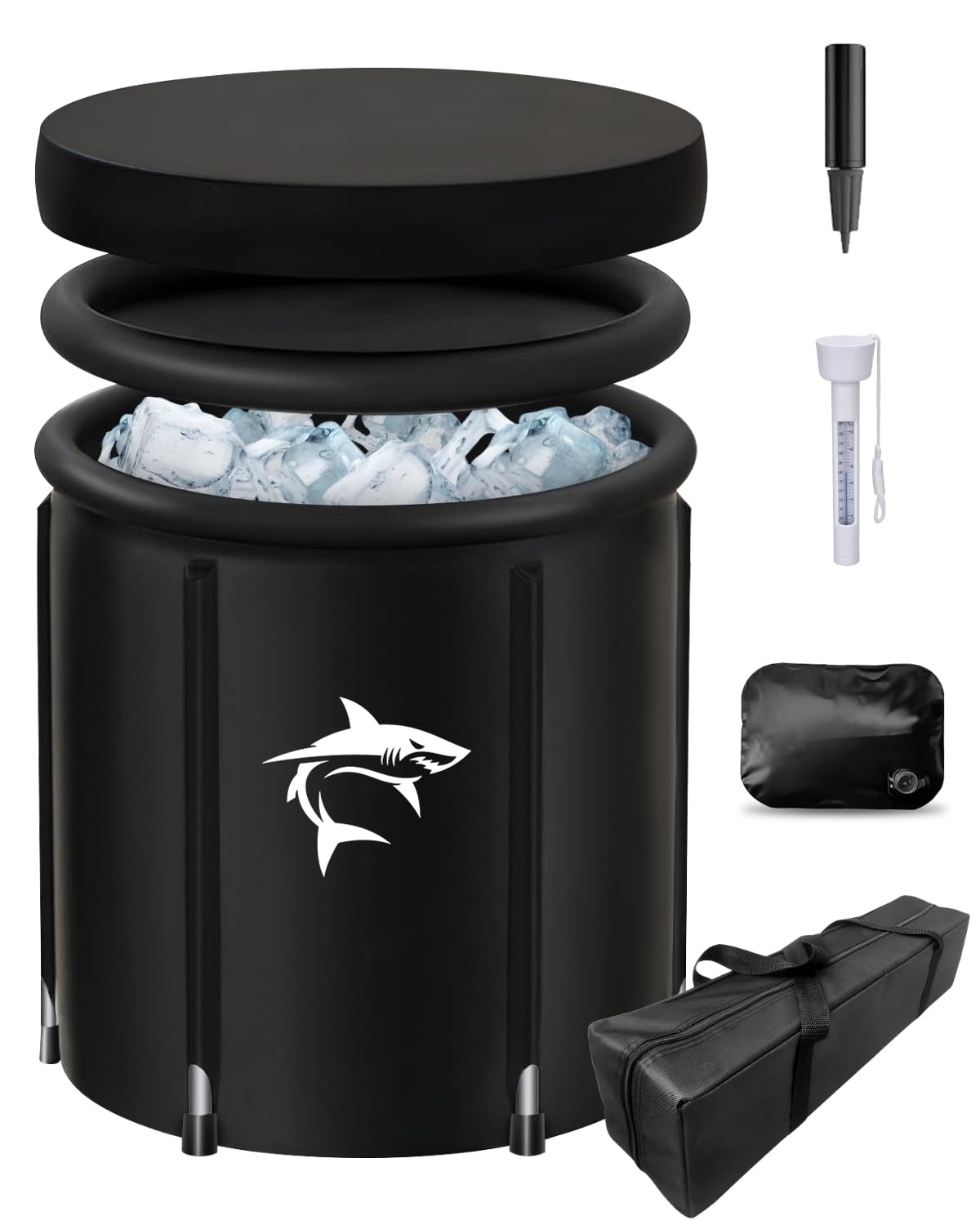 Lambluefly Ice Bathing Bin with Cooling System (80 cm Diameter) XL, Ice Bin Ice Bathing with 8 Stainless Steel Poles, Sports Bag/Thermometer/Heat Shield/Dust Cover - Complete Set, Ice Barrel Ice