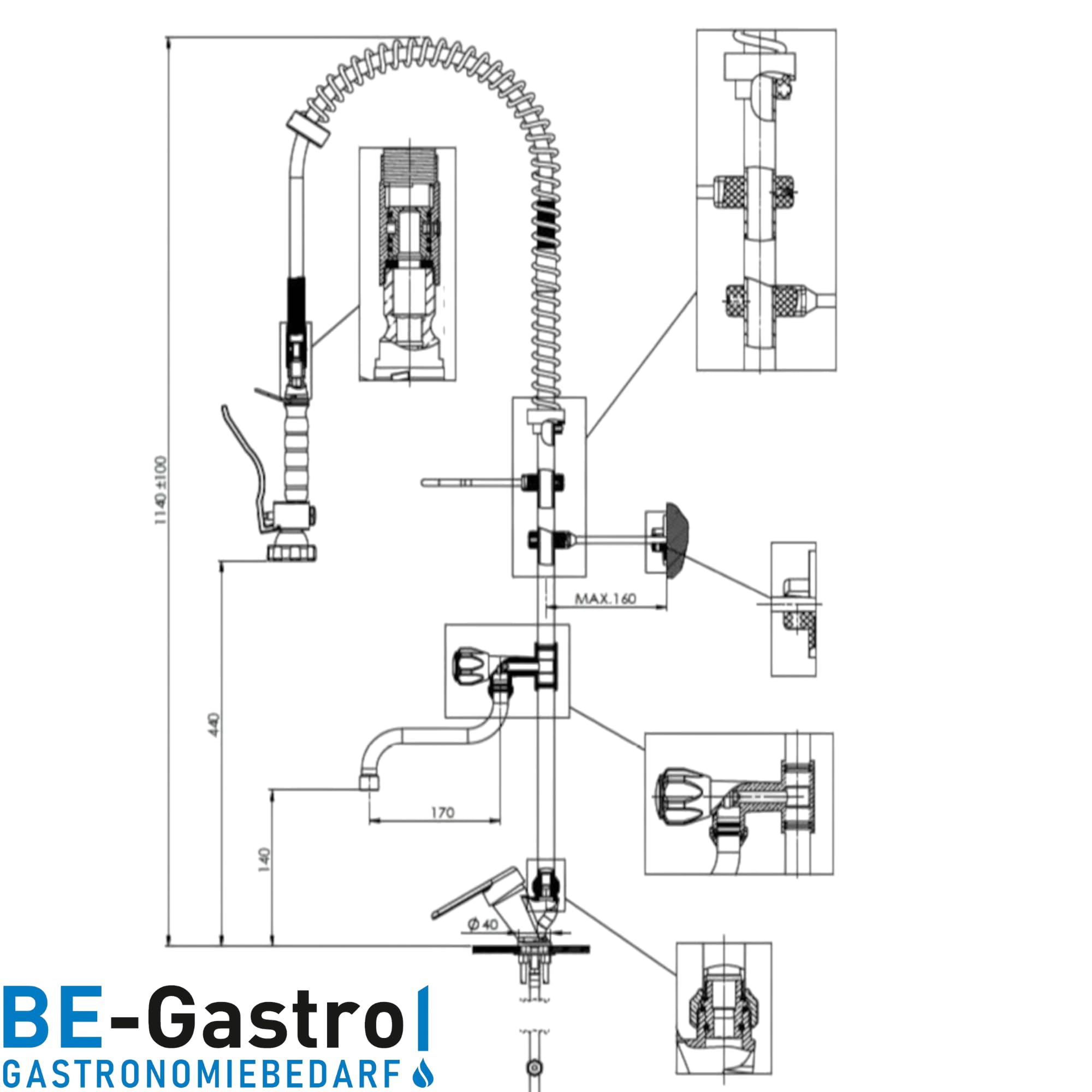 BE-GASTRO® | Profi Geschirrbrause Gastro Wasserhahn Spülbrause Hebelgriff | Gastroarmatur, Vorspülarmatur, Spültischarmatur, Küchenarmatur, Gastro Mischbatterie, 1/2 Zoll, Gastronomie, Brausearmatur