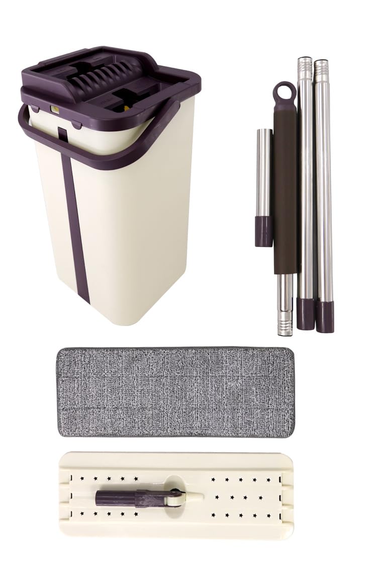 Microfiber Flat Mop with Bucket, Cleaning Squeeze Hand Free Floor Mop, 3 Reusable Mop Pads, Stainless Steel Handle,360° Rotating Head Squeeze Flat Mop White/Grey