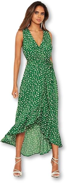 Printed Wrap Over Frill Midi Dress  frill midi wrap dress