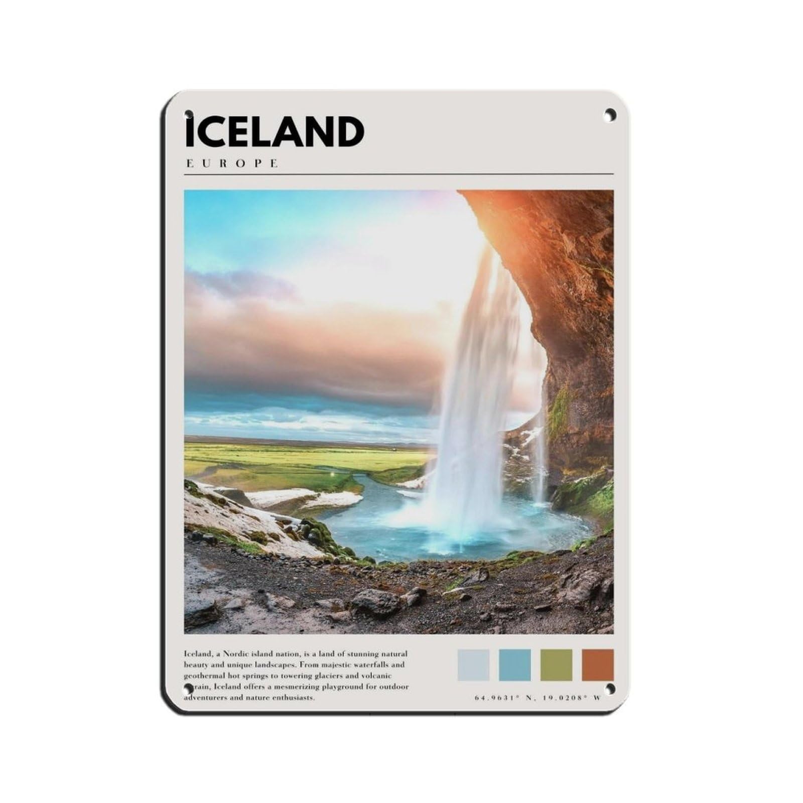 Iceland Art Iceland Poster Iceland Waterfall Artwork Retro Poster Metal Tin Sign Chic Art Retro Iron Painting Bar People Cave Cafe Family Garage Poster Wall Decoration 12x16inch(30x40cm)